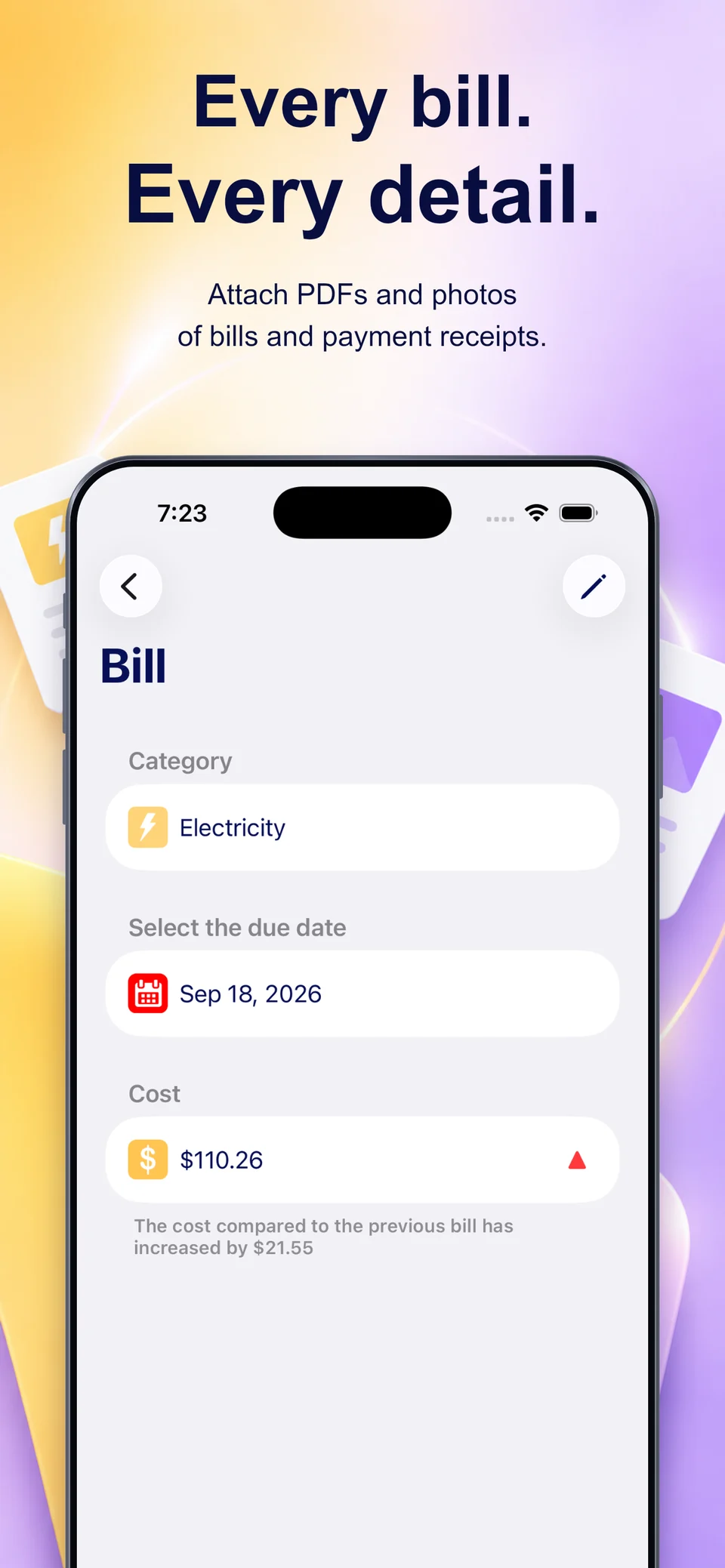 Bill details in English with category, due date and cost.